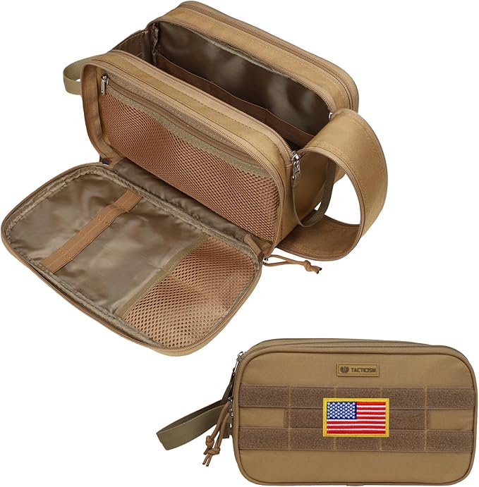 TACTICISM Toiletry Bag for Men - Extra Large Dry Wet Separate Travel Toiletry Bag, Tactical Molle Dopp Kit for Men, Water-Resistant Shaving Bag for Travel Camping Gym, Brown