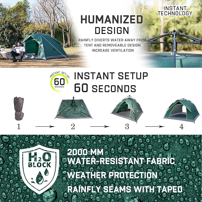 Happy Travel 1/2/3/4 Person Camping Tent, Instant Easy Pop Up Tents for Camping,Automatic Waterproof Family Camping Tent, Easy Set Up Tent,Portable Windproof Dome Tent for Camping Hiking & Traveling