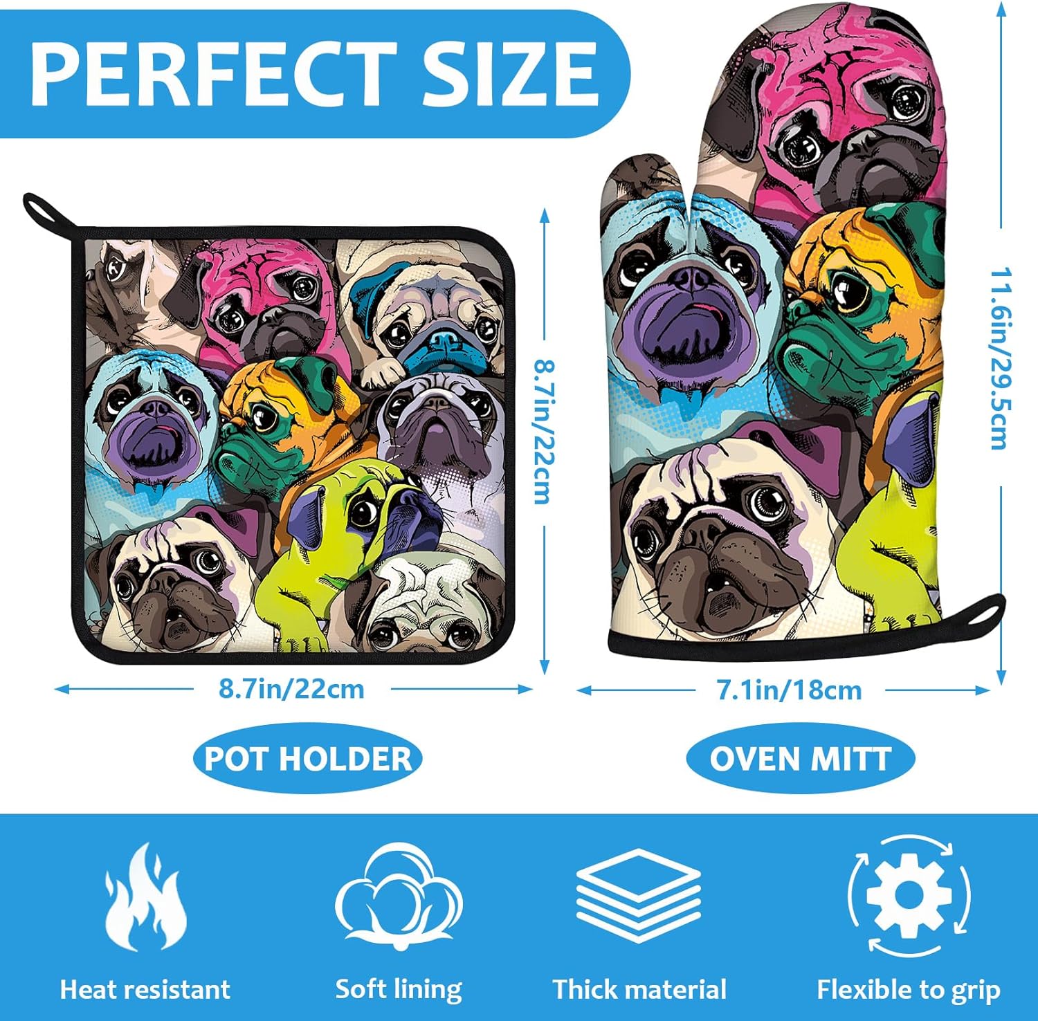 Colorful Pug Dog Face Oven Mitts and Pot Holders Sets Heat Resistant 4Pcs Potholders Oven Gloves Hot Pads for Kitchen Baking Cooking Grilling BBQ