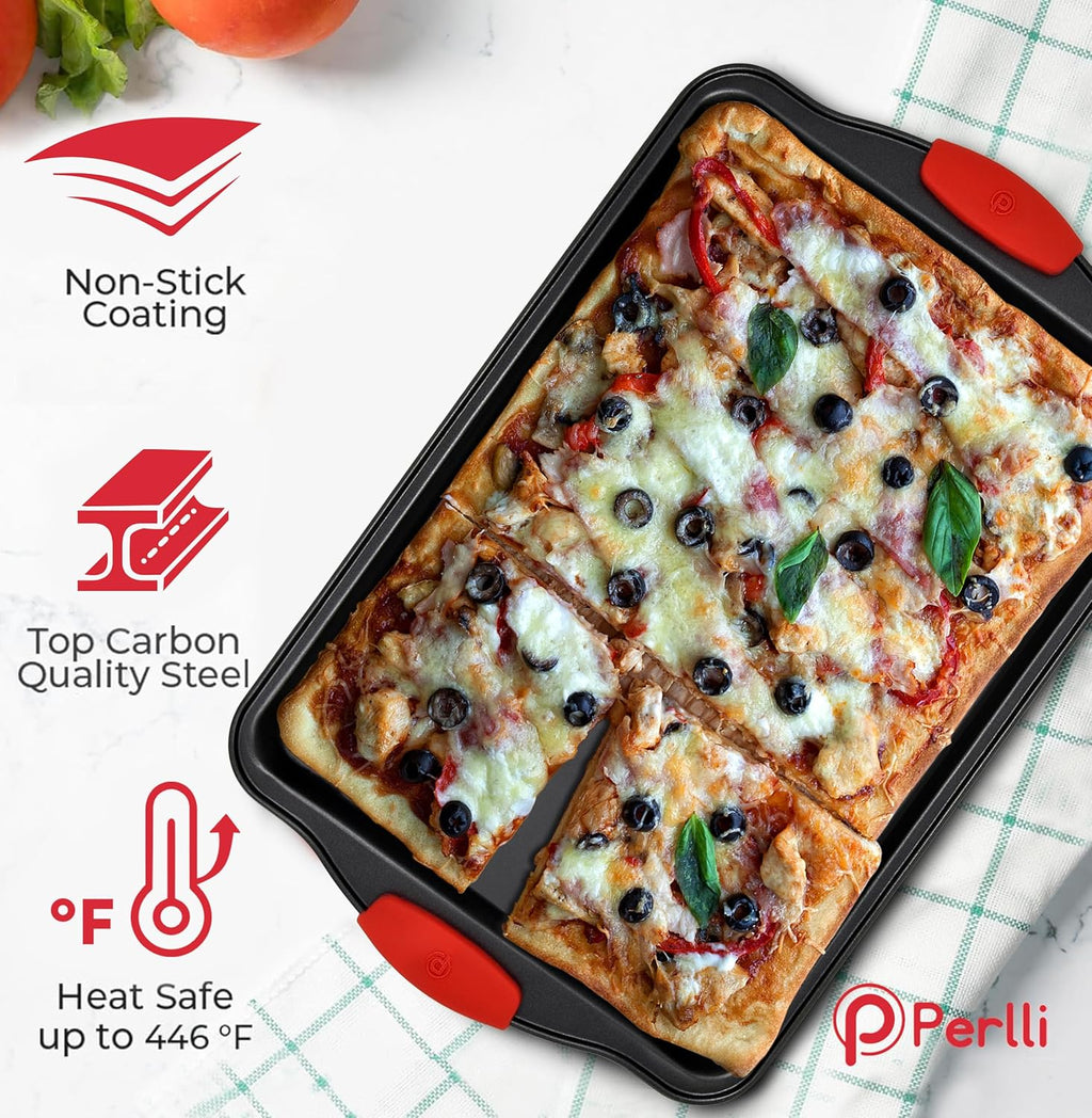 PERLLI Non-Stick 3-Piece Baking Pan Set, BPA-Free Carbon Steel Bakeware Set with Silicone Handles, Stackable Kitchen Oven Set, Cookie Sheet, Baking Tray, Baking Sheet Set, Oven Safe (446°F)