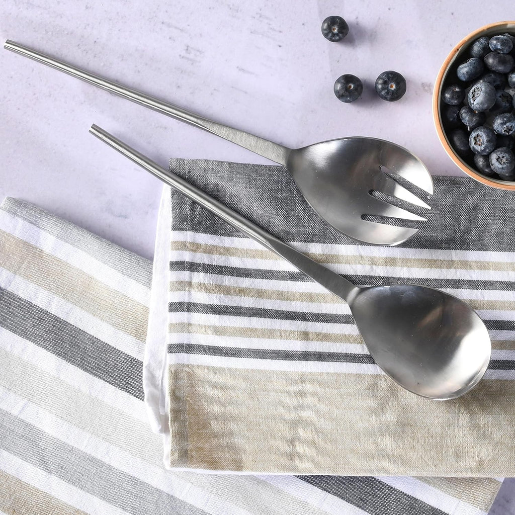 Folkulture Stainless Steel Kitchen Salad Servers or Salad Serving Utensils for Cooking, 12 Inch Salad Tongs, Serving Spoon and Fork Set for Salad, Gravies or Pasta, Silver Finish