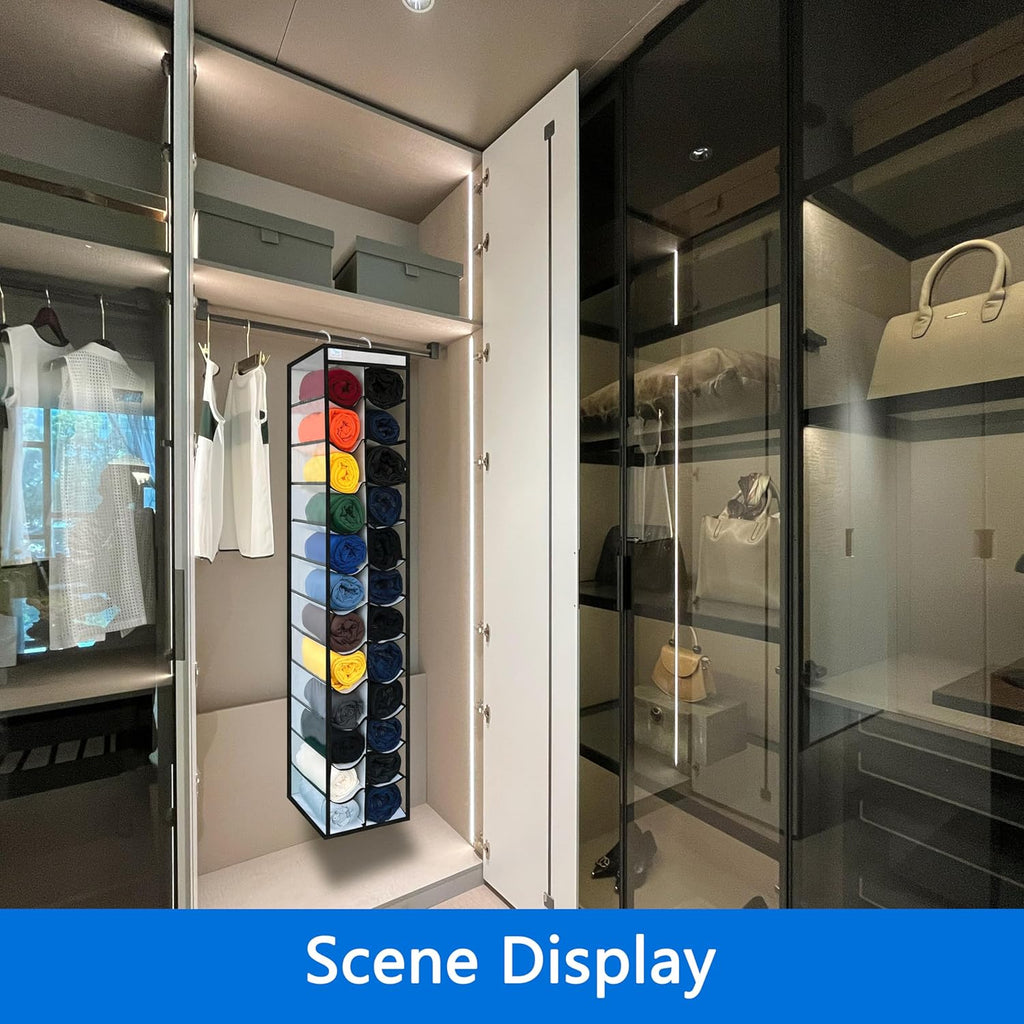 Closet Organization, 24 Section Hanging Closet Organizer, Space Saving, College Dorm Essentials, Heavy Duty Hooks Up to 45 Pounds, White/Black