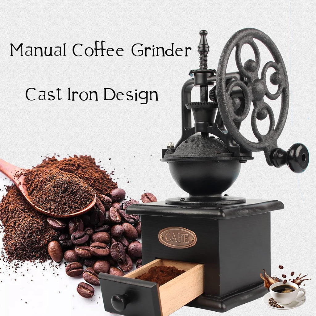 Coffee Grinder,Wooden Coffee Bean Grinder Manual Coffee Grinder Roller, Antique Coffee Mill with Cast Iron Hand Crank for Making Mesh Coffee, Decoration, Best Gift (Black (four deformation base))