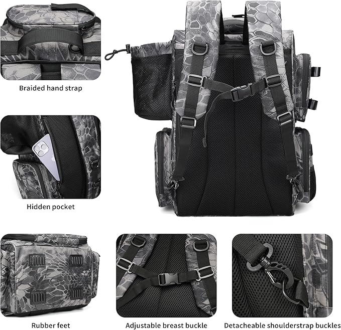 Rabjen Fishing Tackle Backpack with Rod Holders, Bottle Holder, Storage Bag Store Fishing Gear