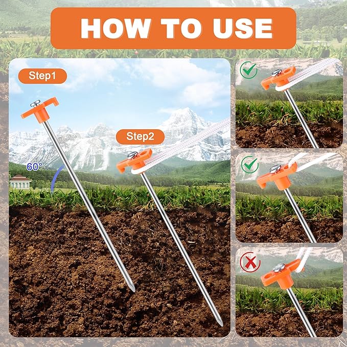 Aodaer 12 Pack Tent Stakes Heavy Duty Tent Pegs 10.25 Inch Non-Rust Metal Yard Stakes with 4x10ft Ropes and Storage Bag Inflatable Stakes for Gardening & Canopies, Camping Halloween Christmas, Orange