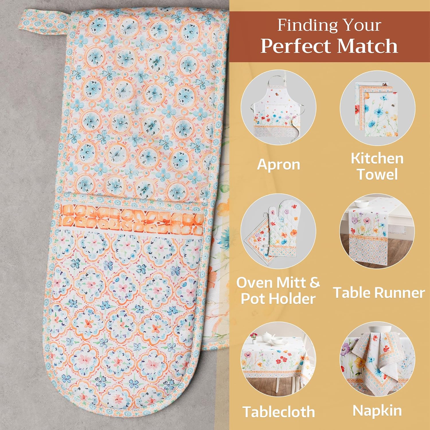 Maison d' Hermine Double Oven Mitts 100% Cotton 7"x35" Double Oven Mitt Heat Resistant BBQ Cooking Gloves with Loop, Baking, Grilling, Home, Kitchen, Handling Hot Pans Spring Summer (Summer Whisper)