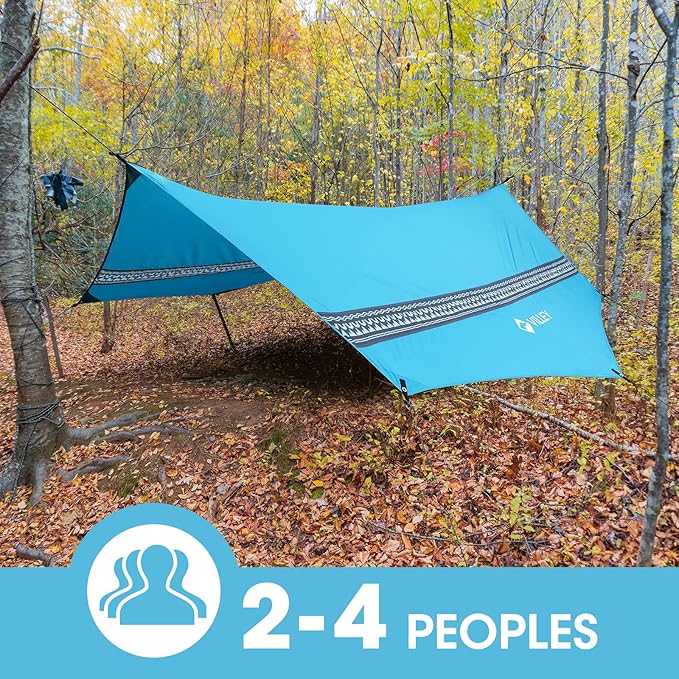 VILLEY Waterproof Hammock Tent Rain Fly, Octagonal Camping Tarp, Sun Shelter for Camping, Backpacking, Hiking, Accessory Includes Stakes, Ropes and Carry Bag (Blue)