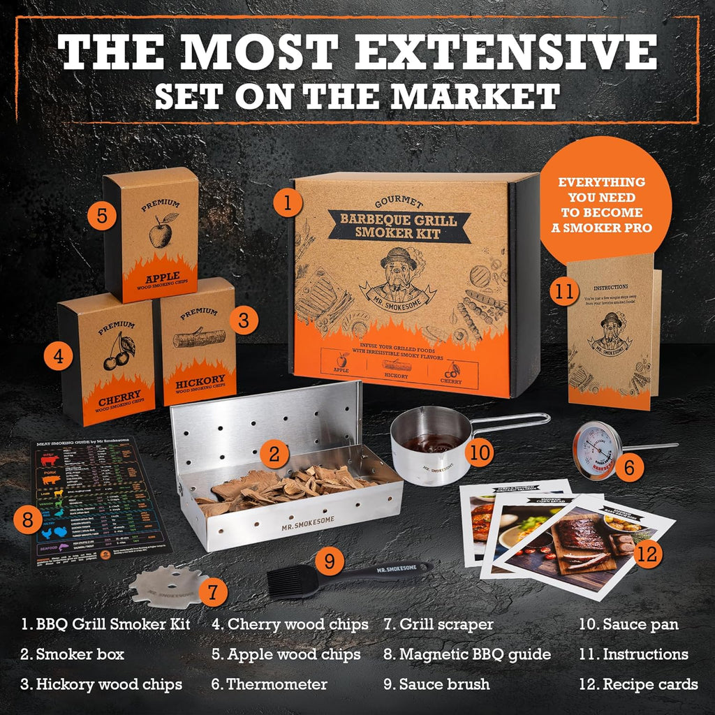 Wood Smoked BBQ Grill Set | 12 Pcs Grill Kit | Smoker Box BBQ Gifts for Men | Smoked Meat Accessories & Grilling Gifts for Men | Unique Barbecue Gifts for Smoker Grill Enthusiasts | BBQ Accessories