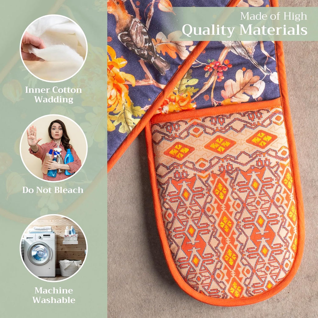 Maison d' Hermine Double Oven Mitt 100% Cotton Heat Resistant Cooking Gloves with Loop, Baking Barbeque, Handling Hot Pan, Kelim - Infinity - Thanksgiving/Christmas (7 Inch x 35 Inch)