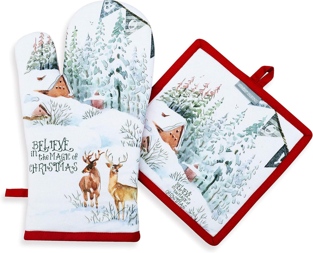 AMOUR INFINI Pot Holders and Oven Mitts 100% Cotton Christmas Winter Heat Resistant Non Slip Washable Set of 1 Oven Mitt and 1 Pot Holder Kitchen Gift Set