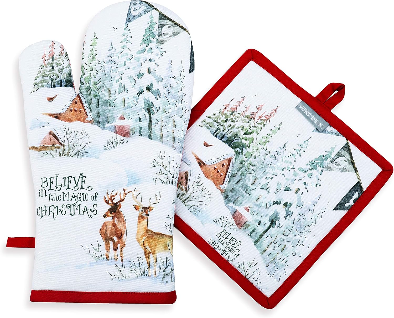 AMOUR INFINI Pot Holders and Oven Mitts 100% Cotton Christmas Winter Heat Resistant Non Slip Washable Set of 1 Oven Mitt and 1 Pot Holder Kitchen Gift Set
