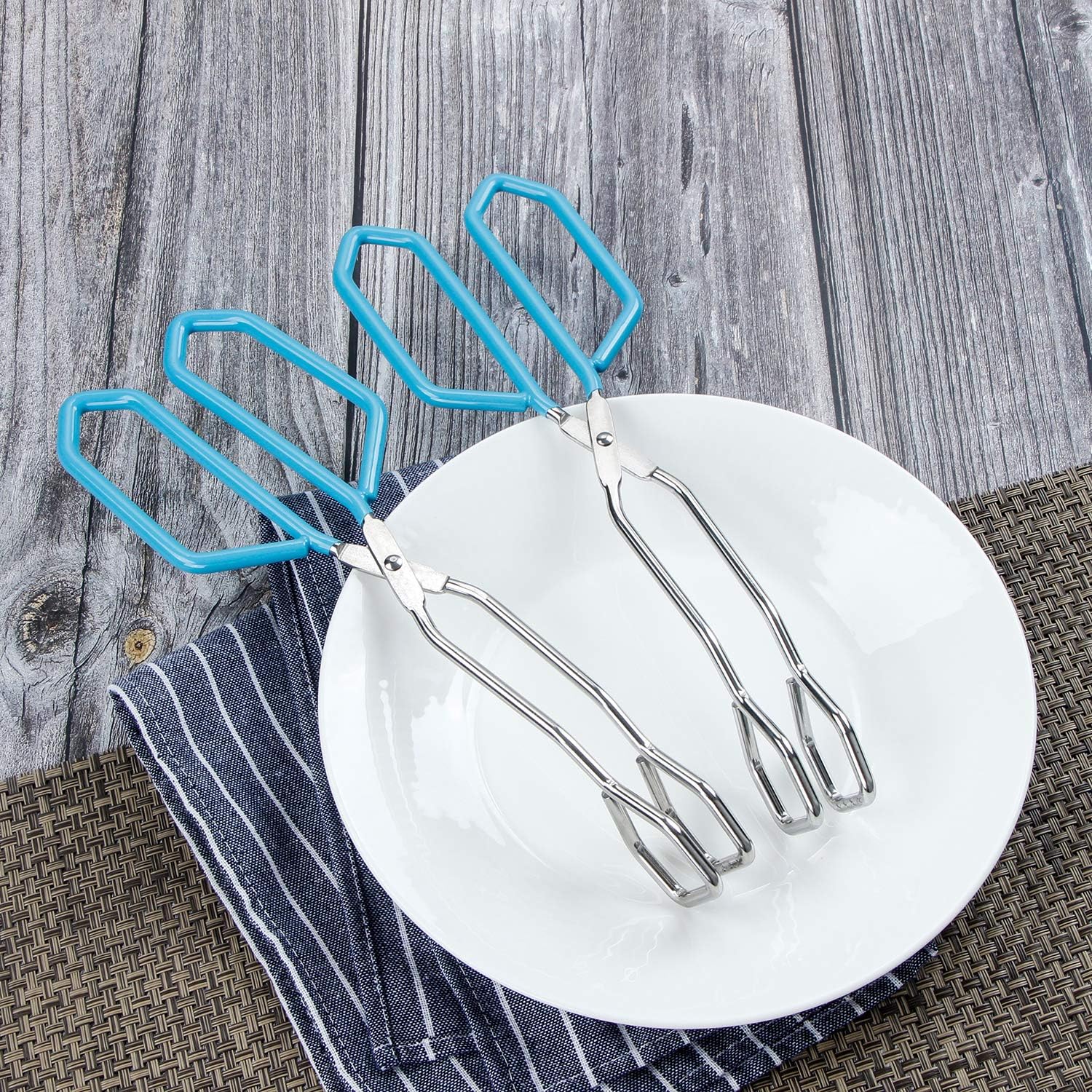 MSY BIGSUNNY Stainless Steel Scissor Tongs Heavy Duty Cooking Tongs with Soft Handles (2, blue 11" + 11")