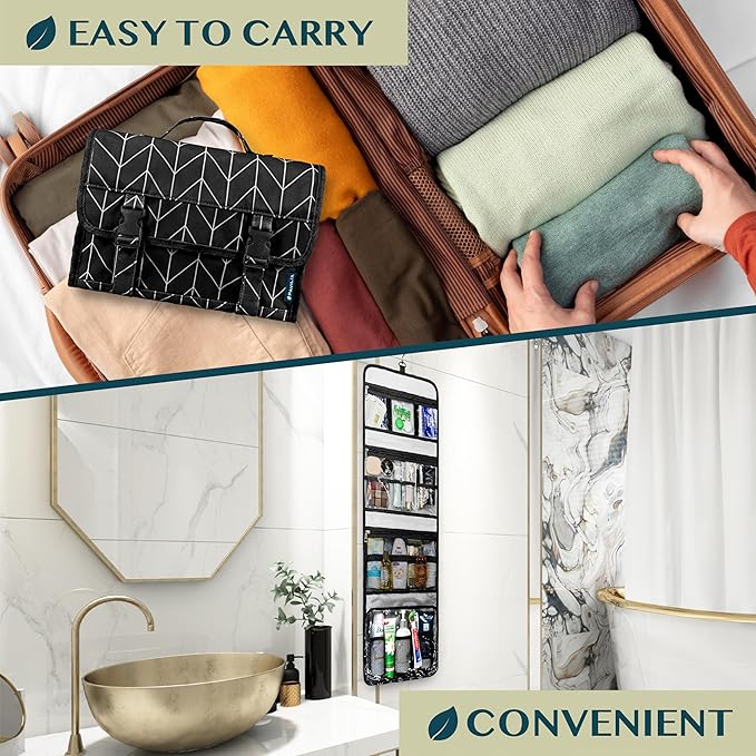 PAVILIA Travel Hanging Toiletry Bag for Women Men, Large Capacity Makeup Bag Kit, Waterproof Cosmetic Storage Organizer Case for Bathroom Shower, Black