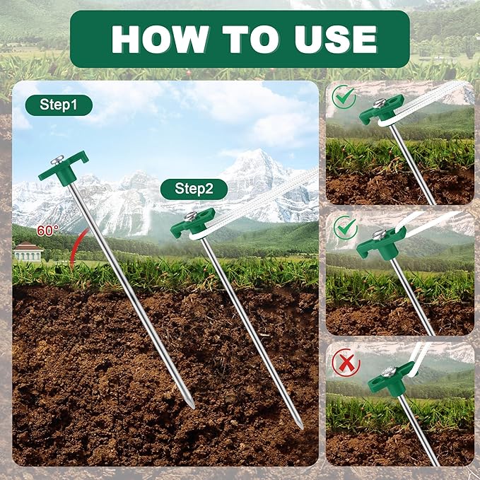 Aodaer 12 Pack Tent Stakes Heavy Duty Tent Pegs 10.25 Inch Non-Rust Metal Yard Stakes with 4x10ft Ropes and Storage Bag Inflatable Stakes for Gardening & Canopies, Camping Halloween Christmas, Green