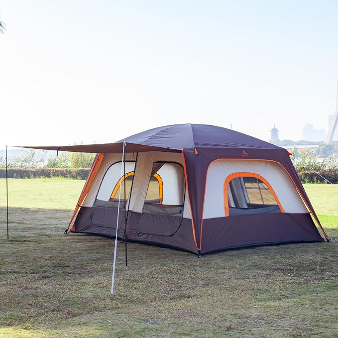 KTT Extra Large Tent 10-12-14 Person(A),Family Cabin Tents,2 Rooms,3 Doors and 3 Windows with Mesh,Straight Wall,Waterproof,Double Layer,Big Tent for Outdoor,Picnic,Camping,Family Gathering