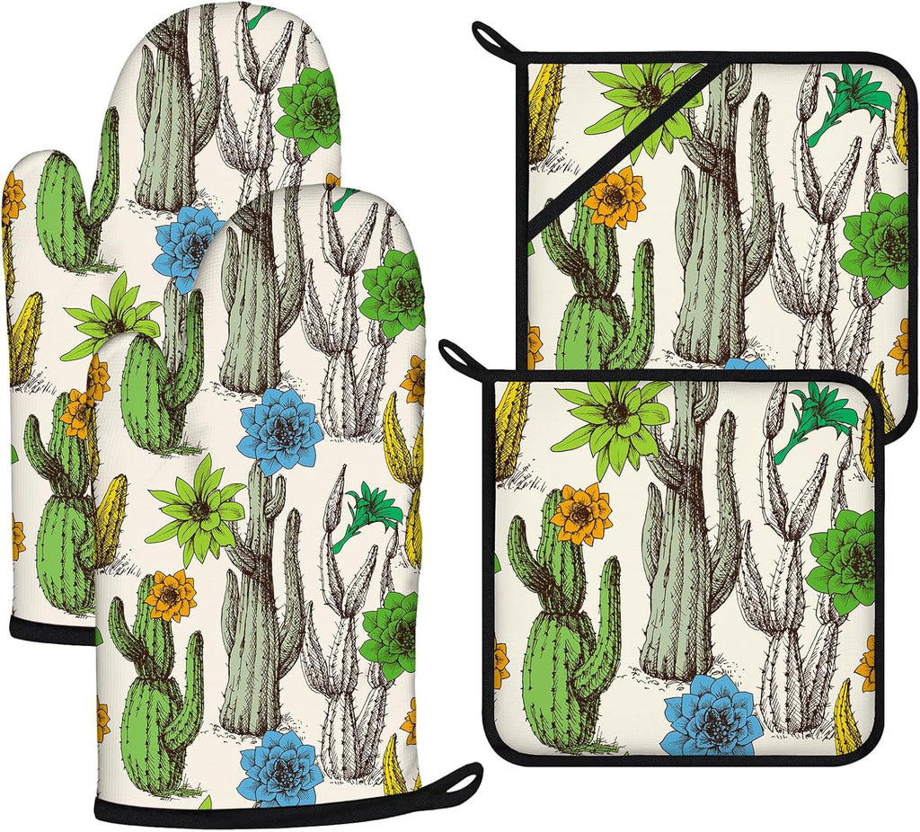 Cactus Flower Oven Mitts and Pot Holders Sets 4Pcs,Extra Long Oven Gloves Potholder for Kitchen Cooking Baking BBQ 100% Cotton Heat Resistant