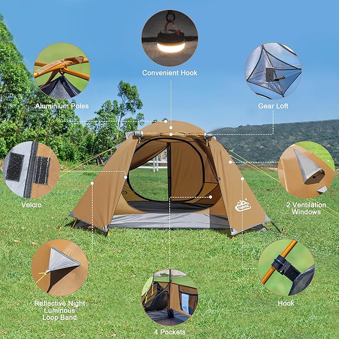 2-3 Person Tent - Waterproof Windproof 4 Season Tent for Backpacking, Hiking, Hunting, Motorcycling & Biking