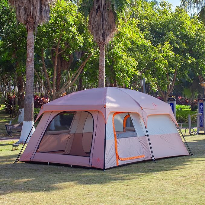 KTT Extra Large Tent 10-12-14 Person(A),Family Cabin Tents,2 Rooms,3 Doors and 3 Windows with Mesh,Straight Wall,Waterproof,Double Layer,Big Tent for Outdoor,Picnic,Camping,Family Gathering