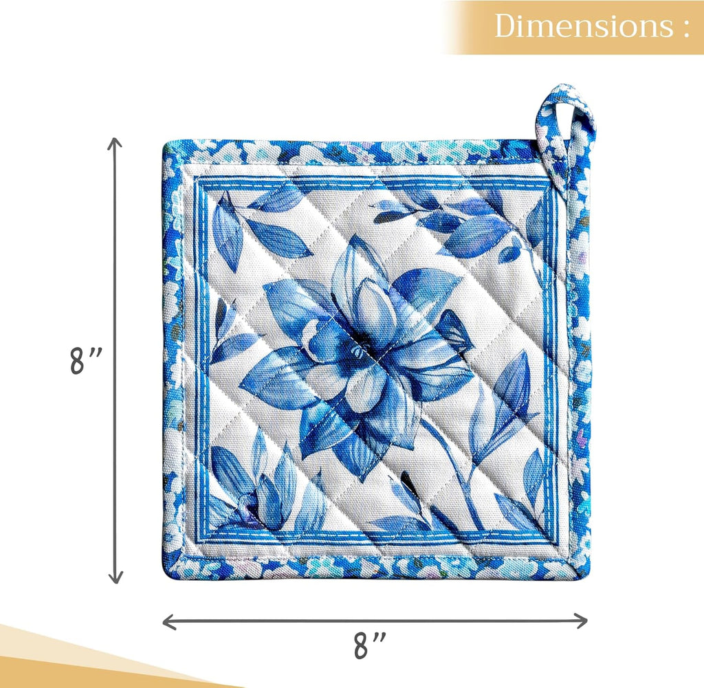 Maison d' Hermine Pot Holders Set 100% Cotton Heat Resistant Potholders 8" x 8" Hot Pads with Loop BBQ, Cooking, Baking, Grilling, Kitchen, Handling Hot Pans Spring/Summer (Pack of 2, Summer Blues)