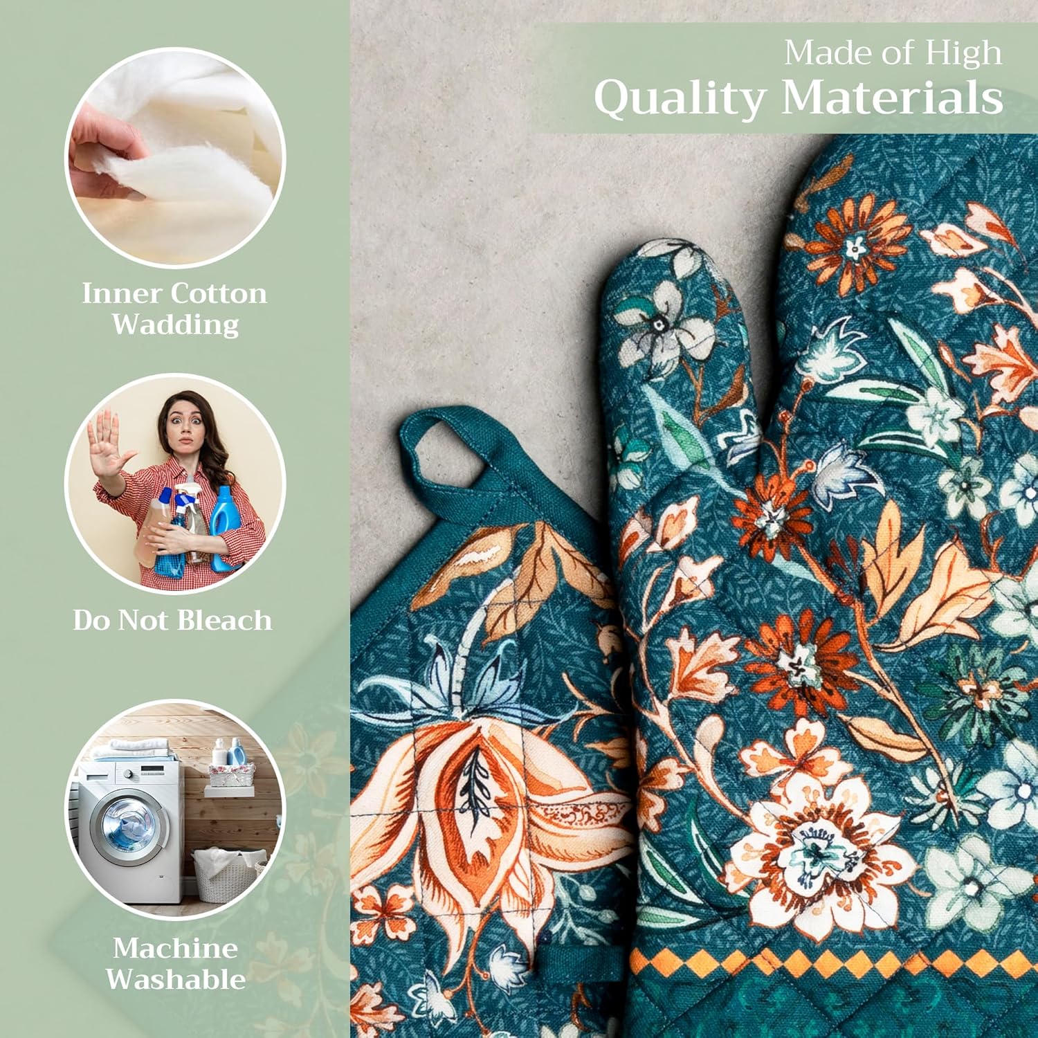 Maison d' Hermine 100% Cotton Oven Mitt & Pot Holder Set (7.5"x13" & 8"x8") Heat Resistant BBQ Cooking Gloves with Loop, Baking, Grilling, Kitchen, Handling Hot Pans (Luxury Loft-Dark Teal)