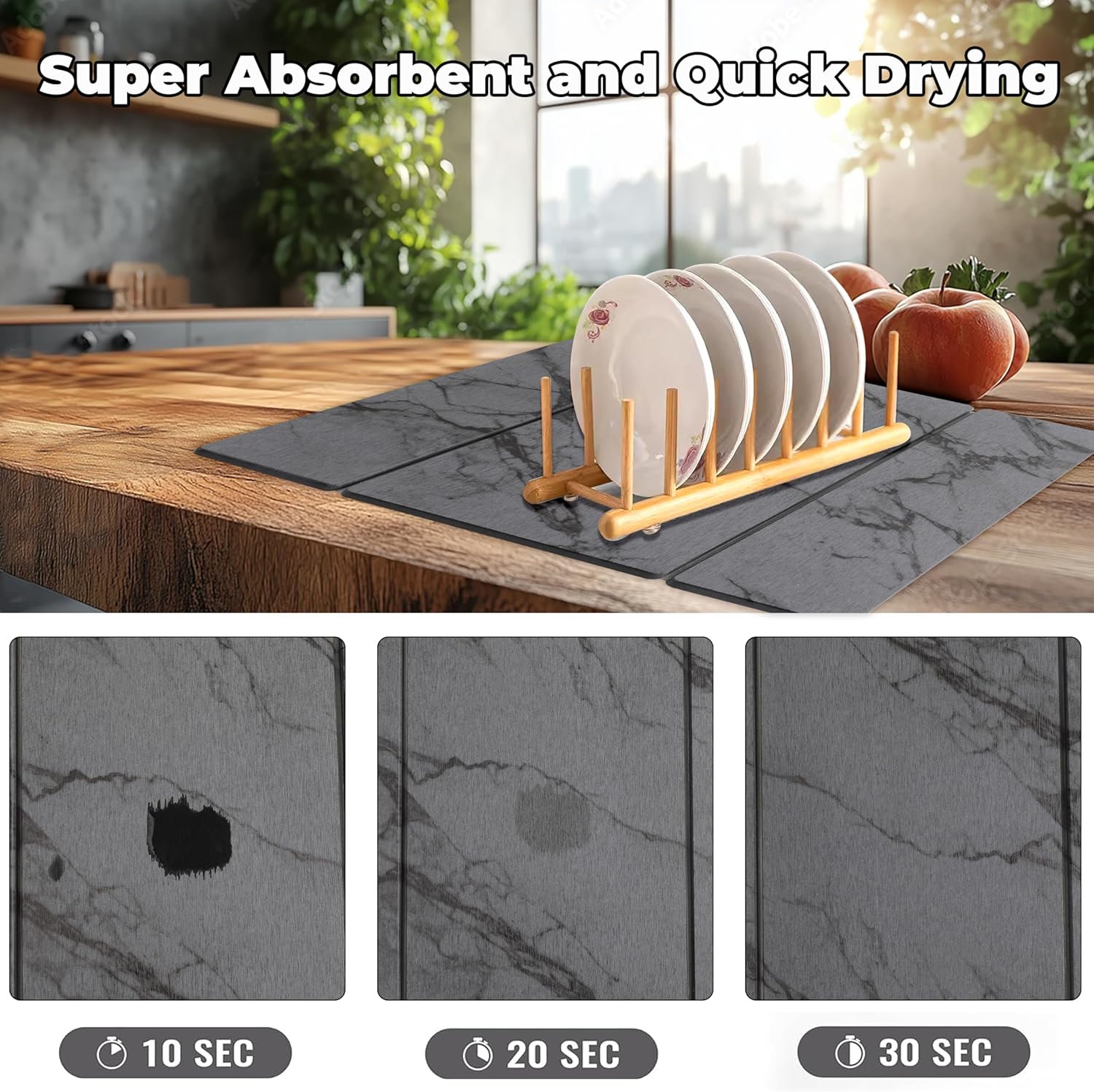 Quick Dry Collapsible Dish Drying Mat, Eco-Friendly Absorbent Diatomaceous Earth Mats for Dishes Bottles Cups 20"×16"Large Stone Dish Drying Mats for Kitchen Counter (Gray, 20"（L）×16"（W）)