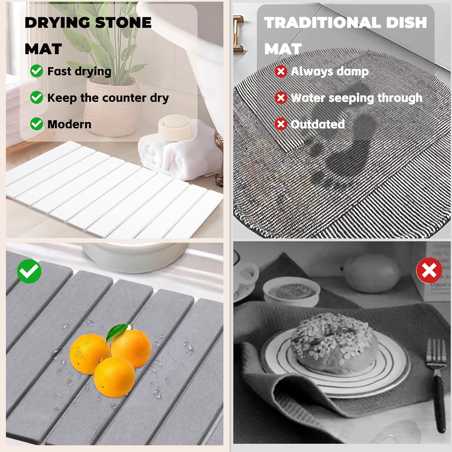 Quick Dry Collapsible Dish Drying Mat, Eco-Friendly Absorbent Diatomaceous Earth Mats for Dishes Bottles Cups 24"×16"Large Stone Dish Drying Mats for Kitchen Counter (White, 24"（L）×16"（W）)