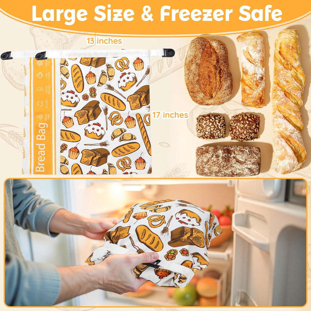 2-PACK Reusable Beeswax Bread Bag for Homemade Bread & Sourdough Loaf, Fridge-Safe Dual-Zip Storage Container with Natural Cotton & Beeswax Lining Lock Freshness, Dates Lable Cards Included