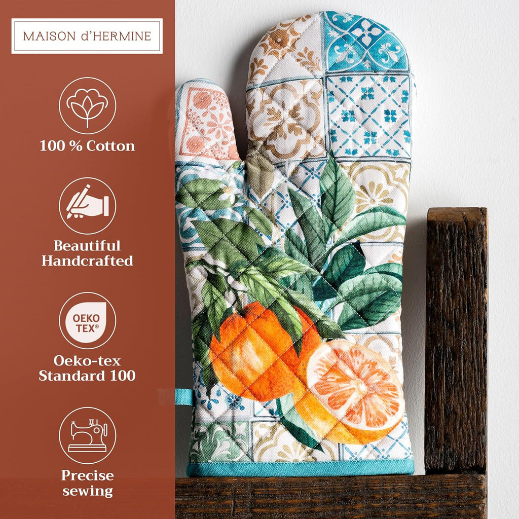 Maison d' Hermine Oven Gloves 100% Cotton Oven Mitt 7" x 13" with Loop Heat Resistant, BBQ, Cooking Gloves, Baking, Grilling, Kitchen, Handling Hot Pans Spring/Summer (Pack of 1, Agrume)