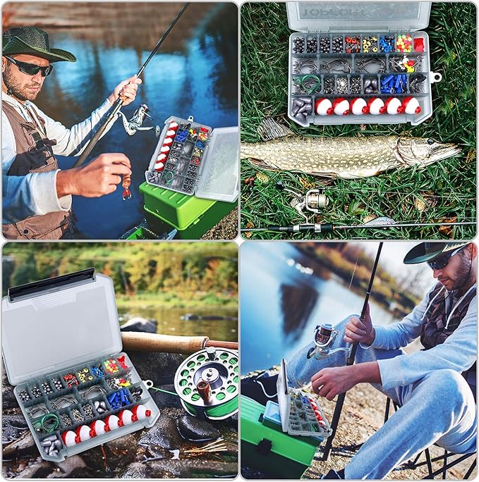TOPFORT 187/343pcs Fishing Accessories Kit, Organized Fishing Tackle Box with Tackle Included, Fishing Hooks, Fishing Weights Sinkers, Fishing Gear and Equipment, Fishing Gift for Men