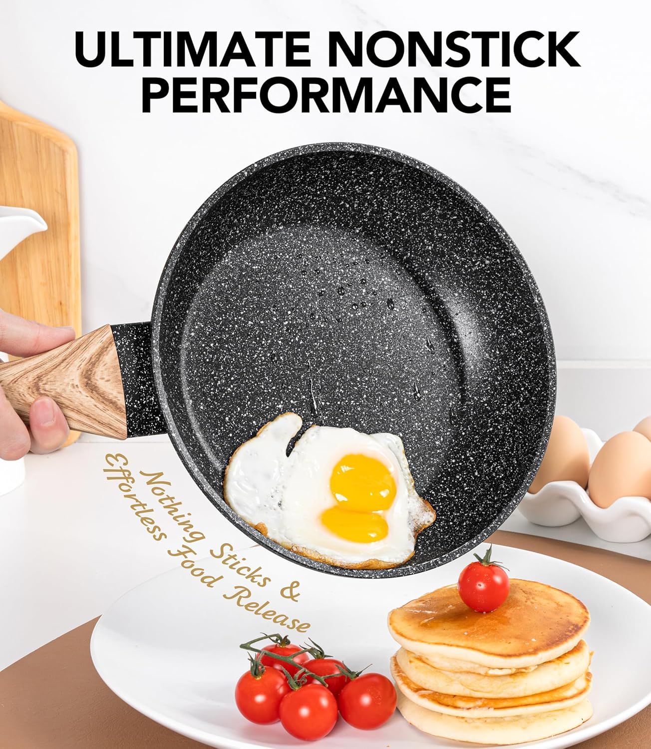 MICHELANGELO 8 Inch Nonstick Frying Pan with Lid, Non Stick Small Frying Pan with Non-Toxic Coating, Non-Stick Skillet with Ergonomic Handle, All Cooktops Compatible, Black
