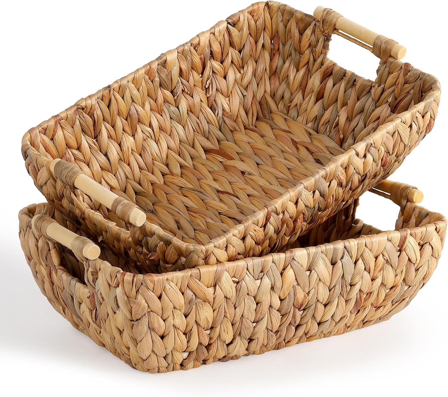 Water Hyacinth Storage Baskets with Wooden Handles，Large Wicker Baskets for Organizing Set of 2