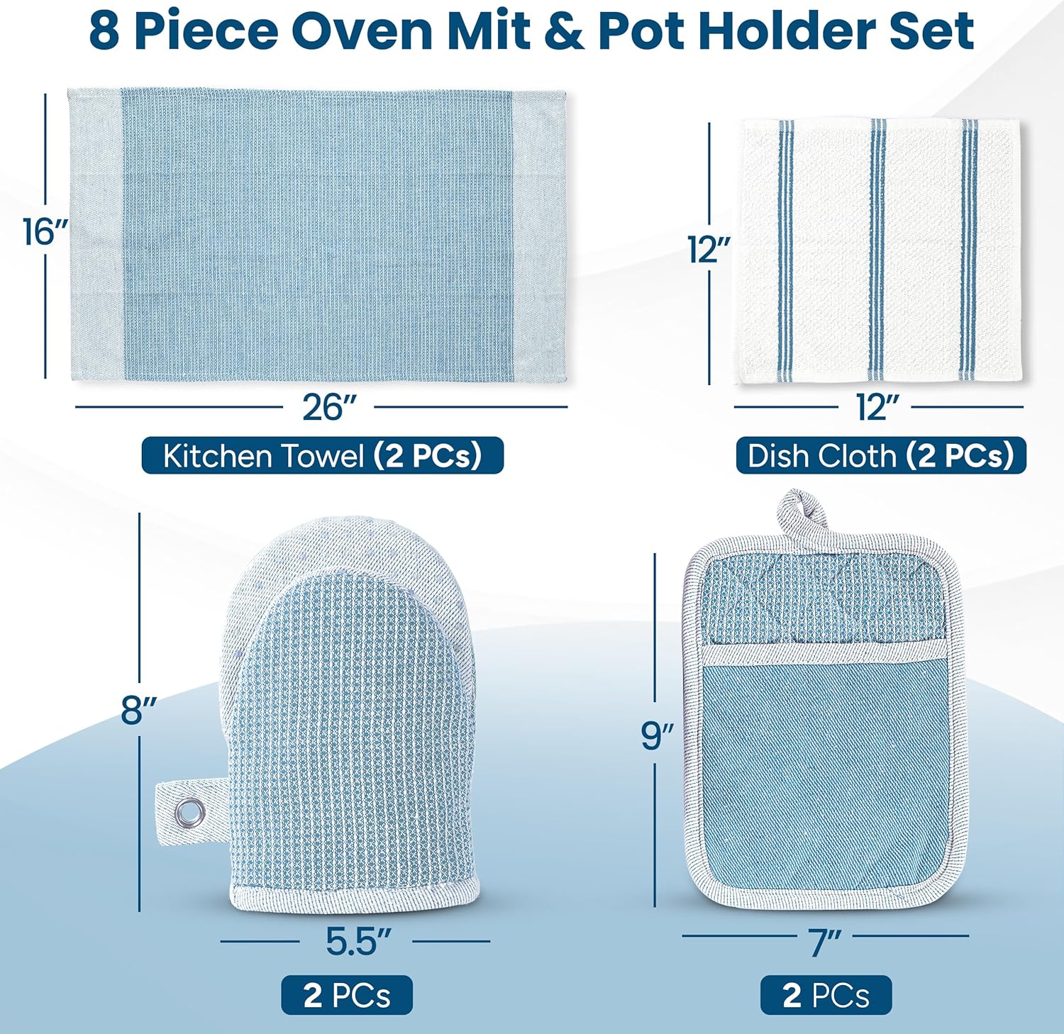 Casa Platino Silicone Oven Mitts Set, 8-Piece – 500°F Heat Resistant Mini Oven Mitt Set, Potholders for Kitchens, 2 Kitchen Towels & 2 Dish Cloths – Durable, Non-Slip & Machine Washable – Cornflower