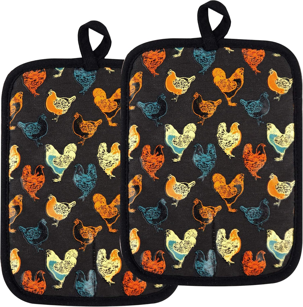 Pot Holders Set of 2 Heat Resistant 480 ℉Non Slip Clear Silicone Printed Comfortable Cotton Lining Kitchen Women Men Cooking Baking Microwave Machine Washable (Rooster, Black Potholders)