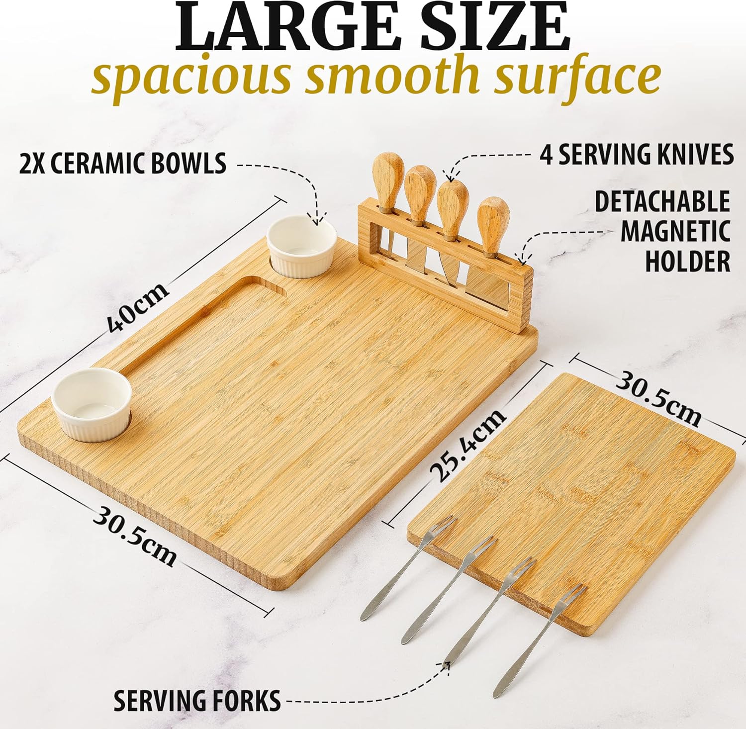 Zulay Kitchen Premium Bamboo Cheese Board Set - Extra Thick Bamboo Charcuterie Board Set with 4 Piece Knife Set - Wooden Cheese Board is Perfect for Charcuterie, Wine and Cheese (Platter Set)