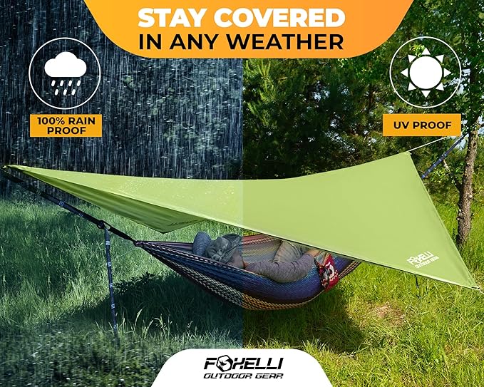 Foxelli Hammock Rain Fly - Waterproof Lightweight Tent & Hammock Rain Tarp for Camping, Backpacking w/Easy Setup Including Extra Long Guy Lines & Stakes