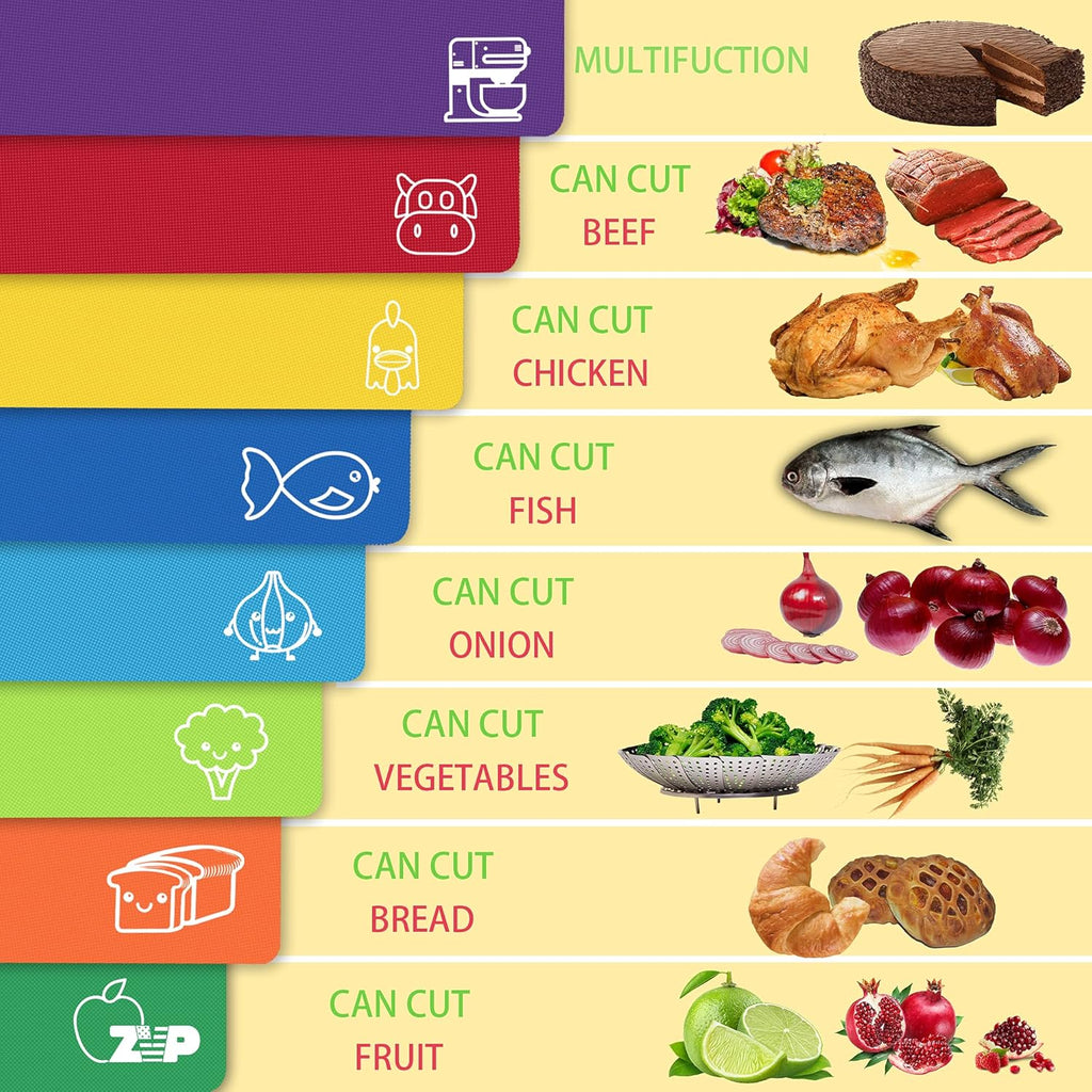 ZVP Flexible Plastic Cutting Board Mats Set of 5, Colorful Chopping Boards with Food Icon for Kitchen, BPA Free, Non-Slip Back, Non Porous, Dishwasher Safe Rainbow