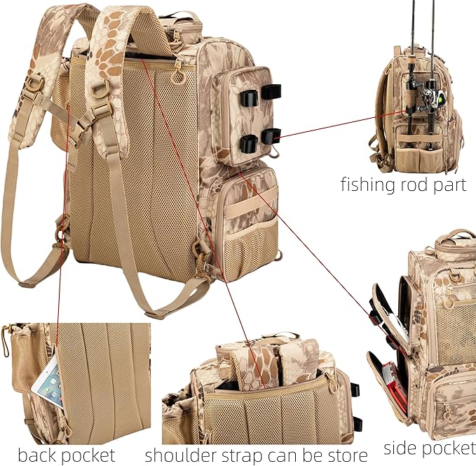 Rabjen Fishing Tackle Backpack with Rod Holders, Bottle Holder, Storage Bag Store Fishing Gear