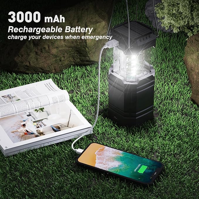 3000 Large Capacity Hand Crank Solar Camping Lantern, Portable Ultra Bright LED Torch, 23-26 Hours Running Time, USB Charger, Electronic Lantern for Outdoor