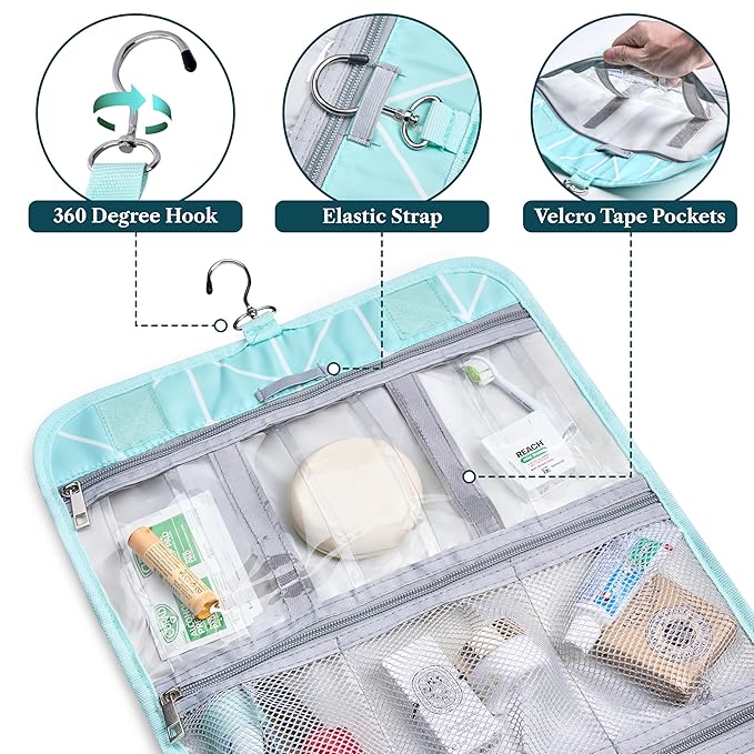 PAVILIA Hanging Toiletry Bag Women Men, Travel Kit Foldable Large Toiletries Organizer, Roll up Cosmetics Makeup Bag Accessories, Waterproof Essentials Jewelry Case (Teal Chevron)