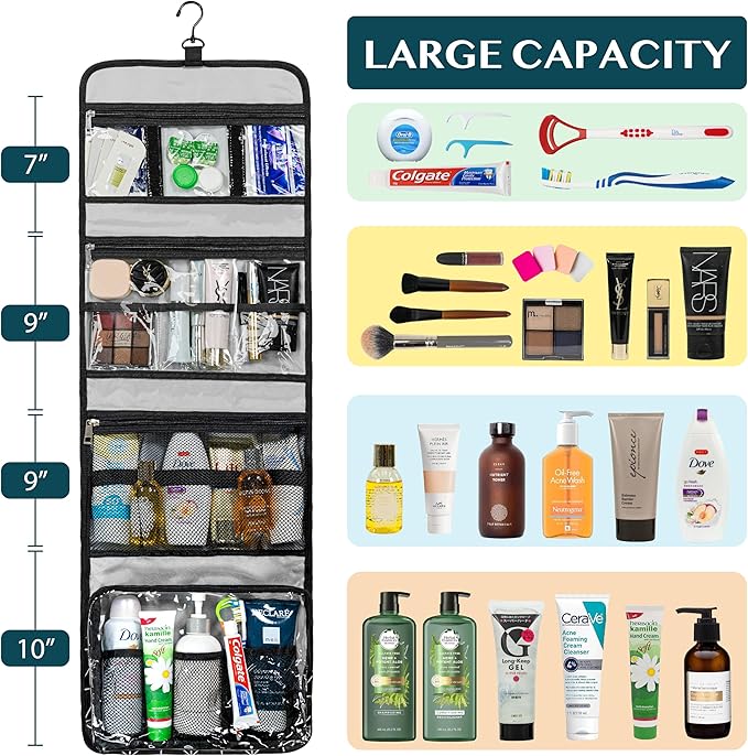 PAVILIA Travel Hanging Toiletry Bag for Women Men, Large Capacity Makeup Bag Kit, Waterproof Cosmetic Storage Organizer Case for Bathroom Shower, Black