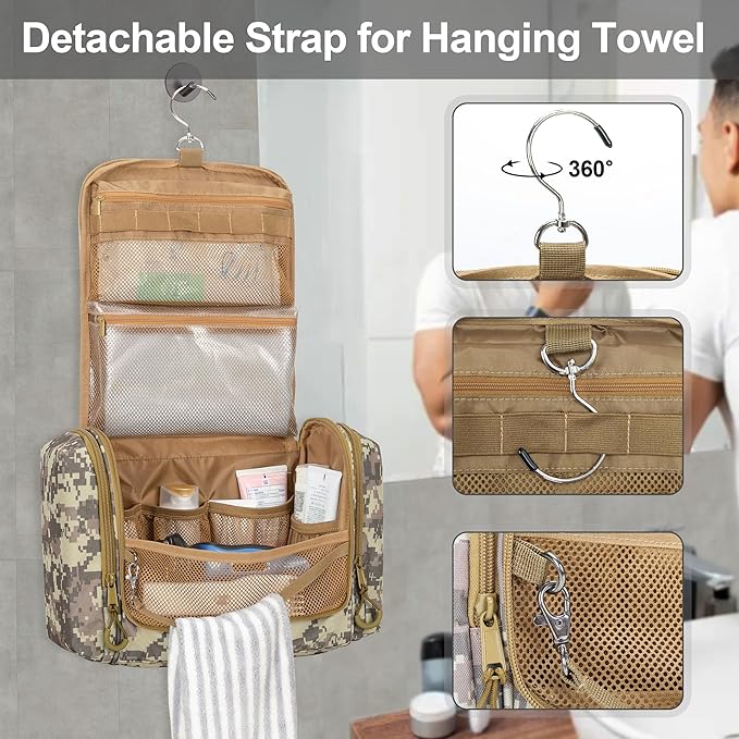 Tactical Toiletry Travel Bag for Men, Hanging Dopp Kit Hygiene Bag Shower Organizer with Hook for Toiletries and Shaving Care, Desert Yellow (Empty Bag)