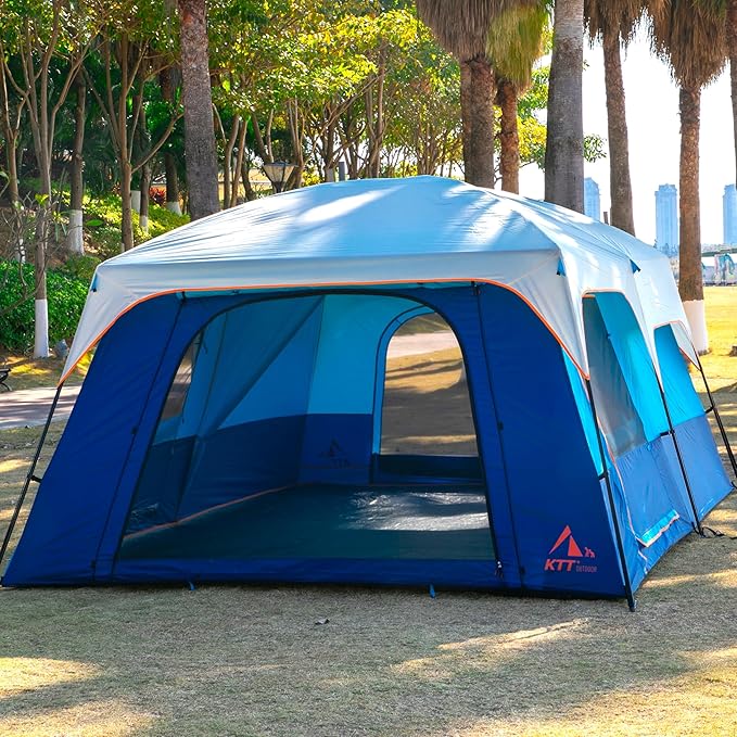 KTT Extra Large Tent 10-12-14 Person(A),Family Cabin Tents,2 Rooms,3 Doors and 3 Windows with Mesh,Straight Wall,Waterproof,Double Layer,Big Tent for Outdoor,Picnic,Camping,Family Gathering