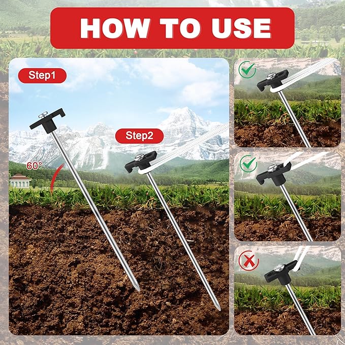 Aodaer 24 Pack Tent Stakes Heavy Duty Tent Pegs 10.25 Inch Non-Rust Metal Yard Stakes with 4x10ft Ropes and Storage Bag Inflatable Stakes for Gardening & Canopies, Camping Halloween Christmas, Black