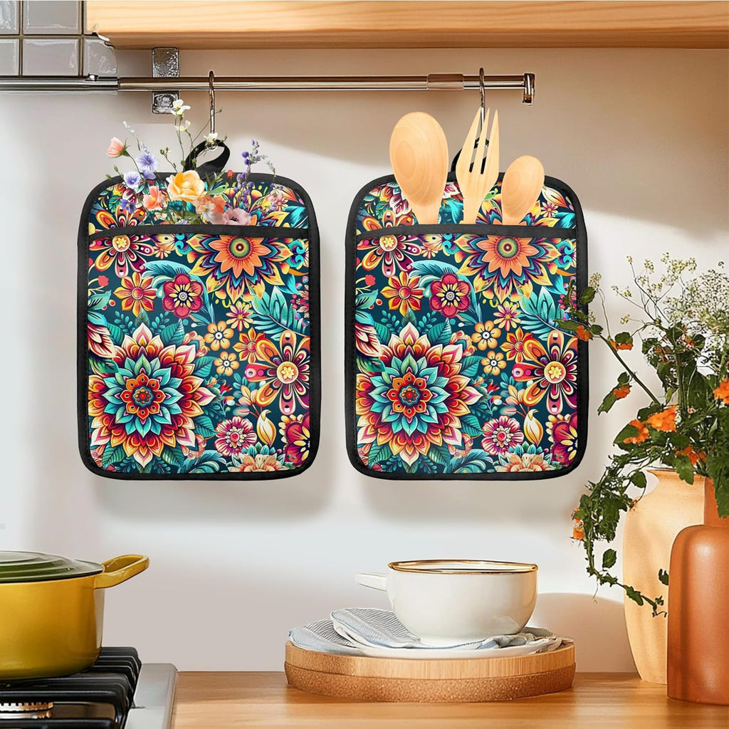 Vibrant Mandala Floral Pot Holders for Kitchen, Boho Abstract Colorful Ethnic Flower Botanical Heat Resistant Hot Pads and Oven Mitts for Baking Cooking