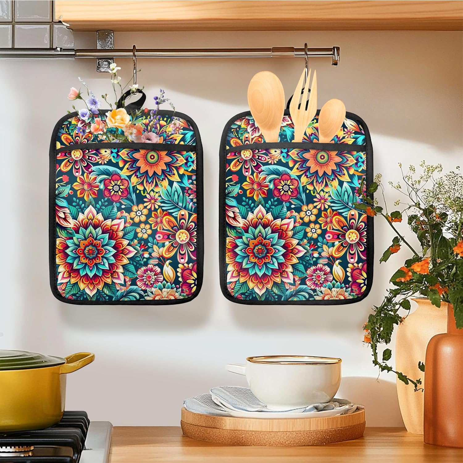 Vibrant Mandala Floral Pot Holders for Kitchen, Boho Abstract Colorful Ethnic Flower Botanical Heat Resistant Hot Pads and Oven Mitts for Baking Cooking