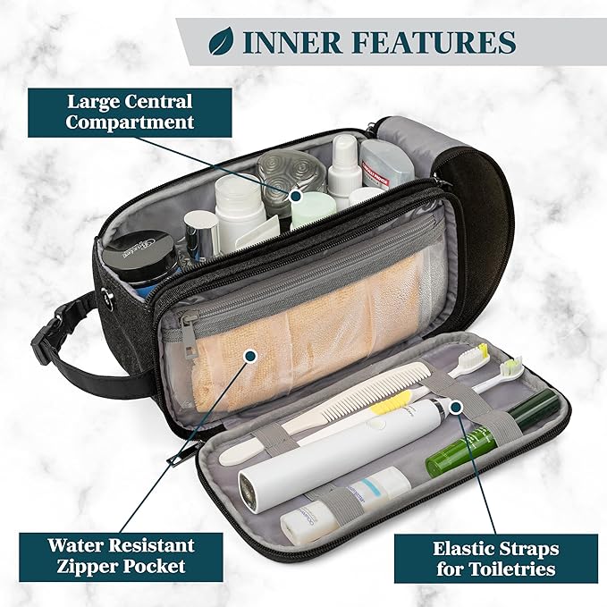 PAVILIA Toiletry Bag for Men, Canvas Travel Dopp Kit, Water Resistant Hygiene Bag Toiletries Organizer, Shaving Kit Travel Accessories Bag, Black