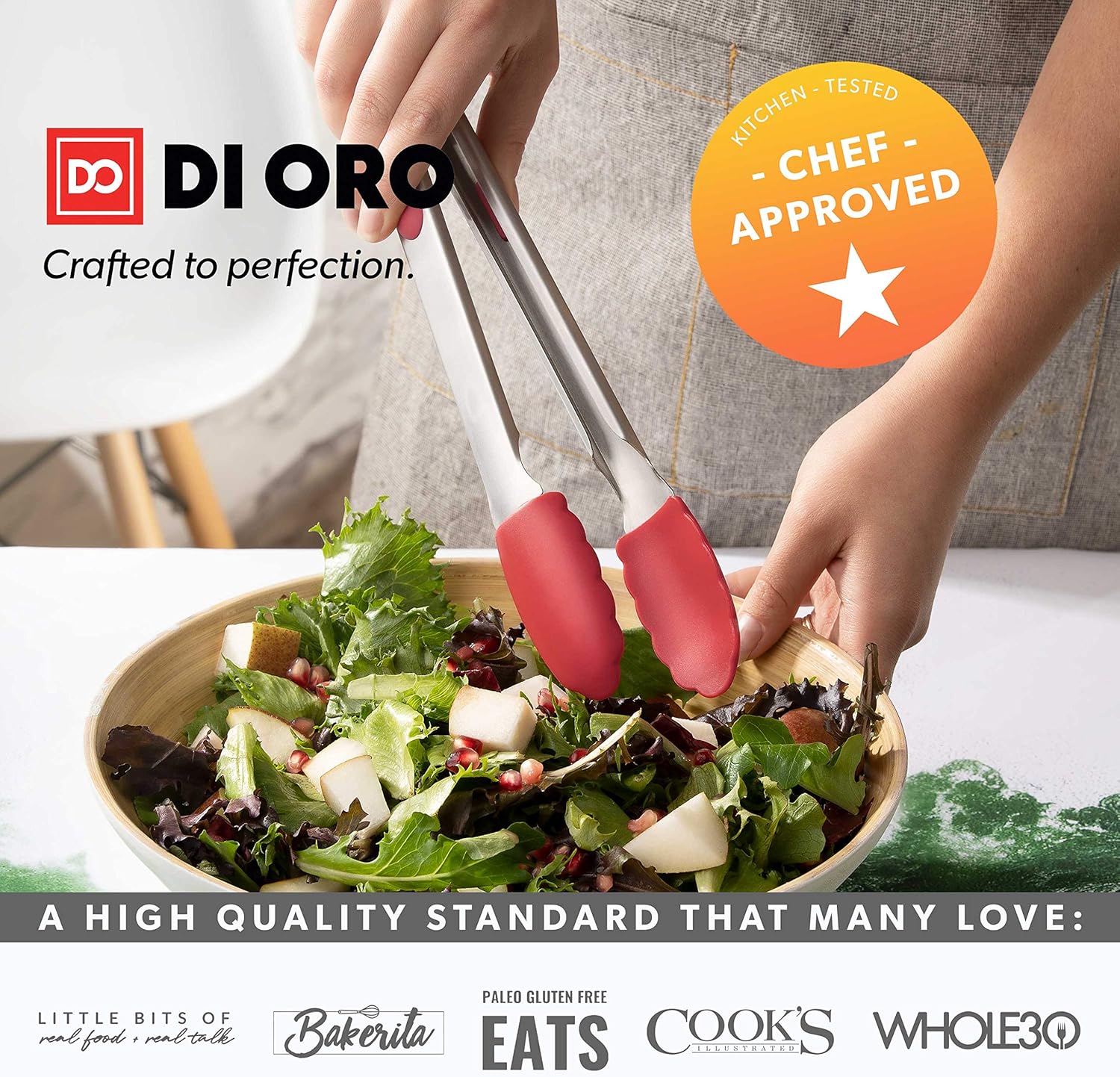 New DI ORO 2-Piece Kitchen Tongs Set (9-Inch and 12-Inch) – Stainless Steel with Non-Stick 480F Heat-Resistant Silicone Tips – Great Tool for Cooking, Serving, and Barbecuing - Dishwasher Safe (Red)