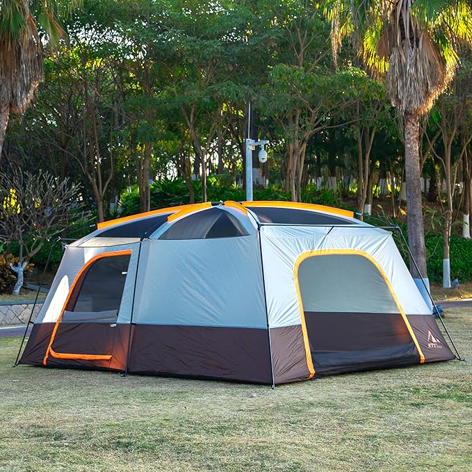 KTT Extra Large Tent 10-12-14 Person(A),Family Cabin Tents,2 Rooms,3 Doors and 3 Windows with Mesh,Straight Wall,Waterproof,Double Layer,Big Tent for Outdoor,Picnic,Camping,Family Gathering