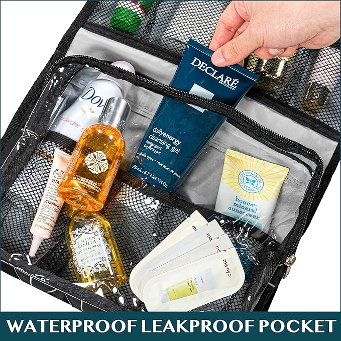 PAVILIA Travel Hanging Toiletry Bag for Women Men, Large Capacity Makeup Bag Kit, Waterproof Cosmetic Storage Organizer Case for Bathroom Shower, Black