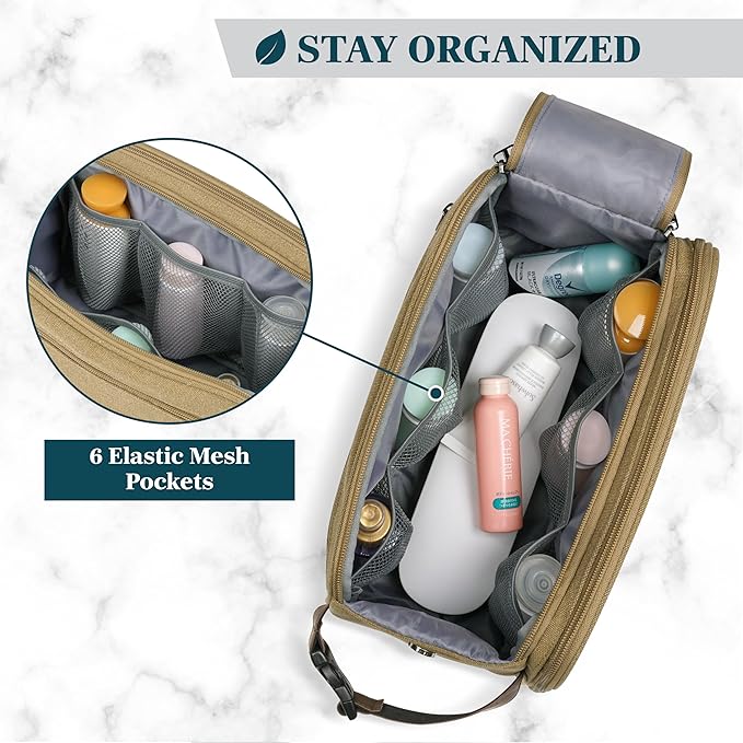 PAVILIA Toiletry Bag for Men, Canvas Travel Dopp Kit, Water Resistant Hygiene Bag Toiletries Organizer, Shaving Kit Travel Accessories Bag, Tan Khaki